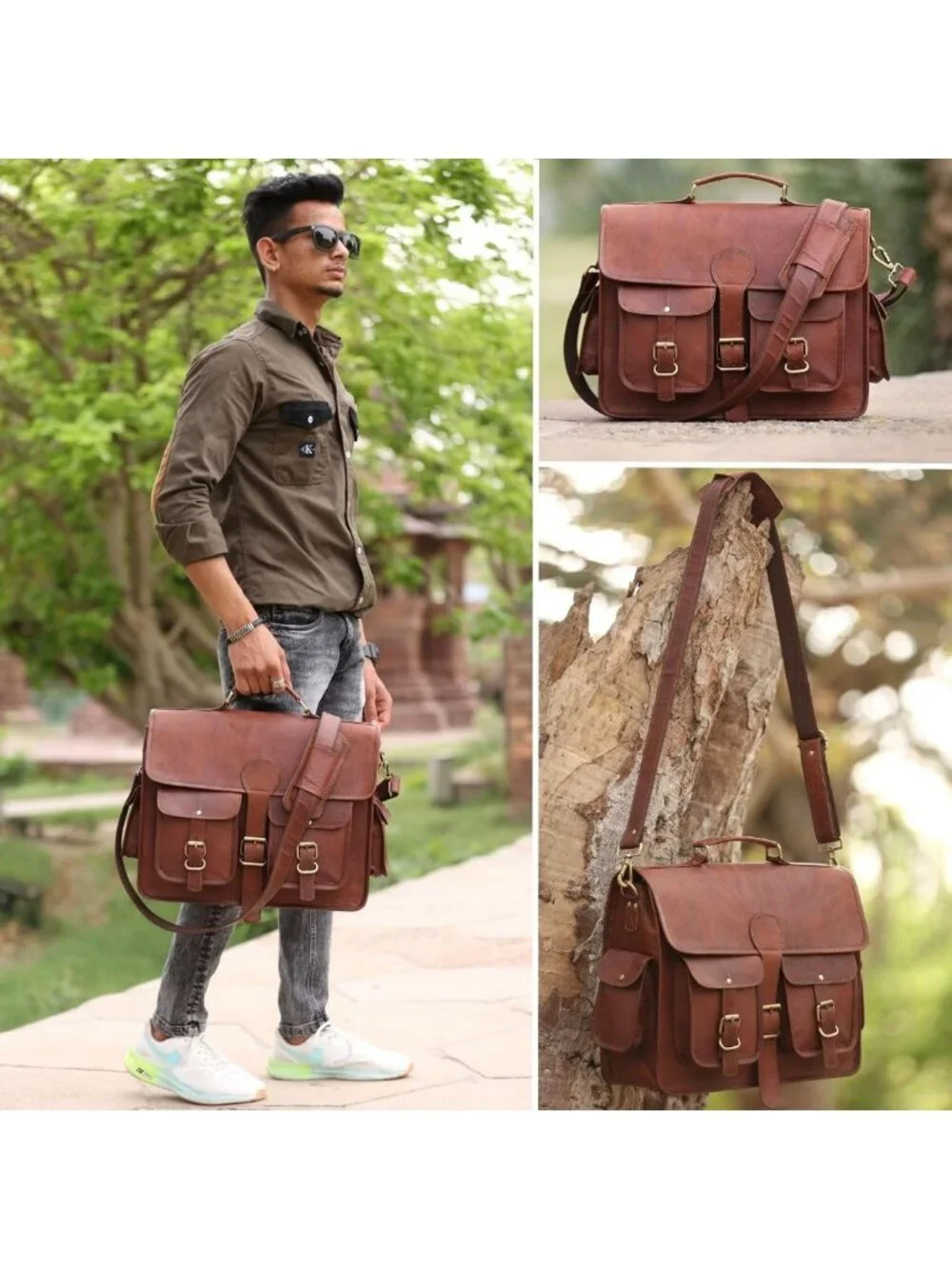 Handmade Vintage Leather Messenger Bag, Adjustable Crossbody Laptop Briefcase